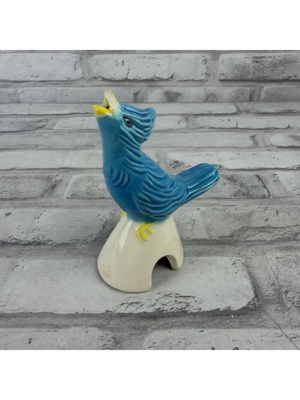 Vintage Ceramic Pie Bird Figurine Blue Yellow Chipped Beak